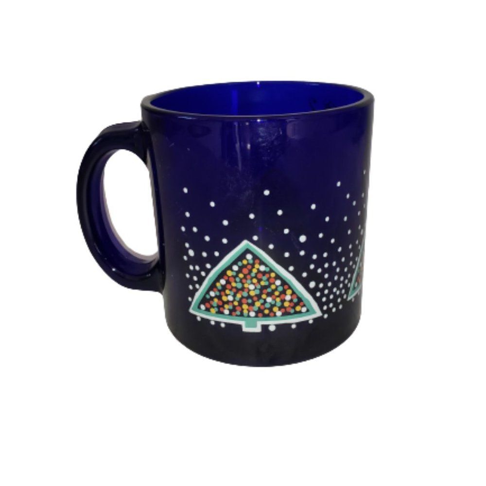 Vtg Libbey Cobalt Blue Glass Coffee Cup Mug Christmas Tree 12 Oz Made In USA